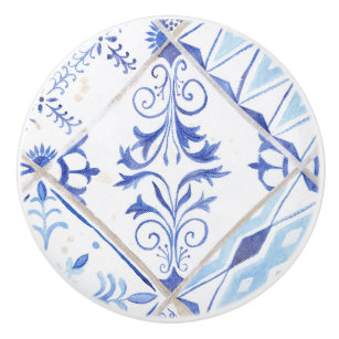 Rustic Vintage Farmhouse Painted Blue White Tiles Ceramic Knob