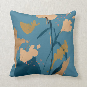 Rustic Vintage Floral Abstract Art Blue Tan Cushion