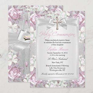 Rustic Vintage Floral First Communion Pink Invitation