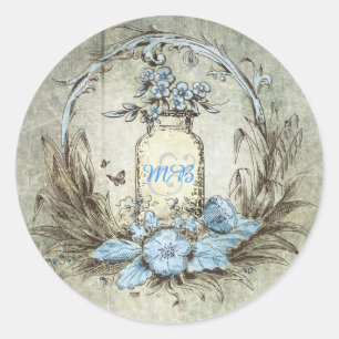 Rustic Vintage Floral Mason Jar Blue Wedding Classic Round Sticker