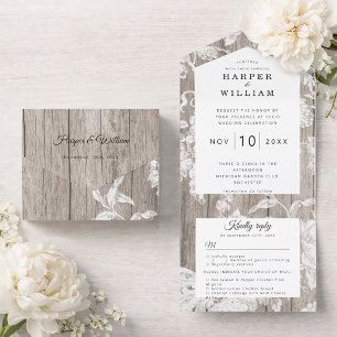 Rustic vintage flowers on weathered planks wedding all in one invitation