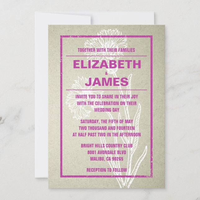 Rustic Vintage Fuchsia Wedding Invitations (Front)