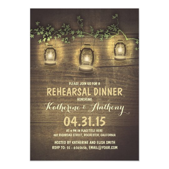 rustic vintage garden lights wood rehearsal dinner card