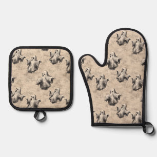 Rustic Vintage Ghost Pattern Oven Mitt & Pot Holder Set