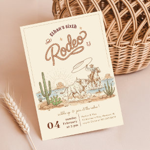 Rustic Vintage Gingham Cowboy Rodeo 6th Birthday Invitation