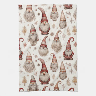 Rustic Vintage Gnome Garden Watercolor Pattern Tea Towel