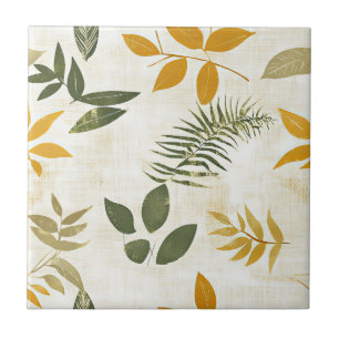 Rustic Vintage Gold and Green Leaves on Cream Ceramic Tile