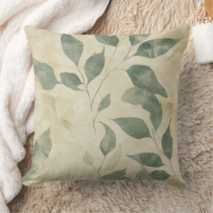 Rustic Vintage Green Leaves on Cream Fall Cushion
