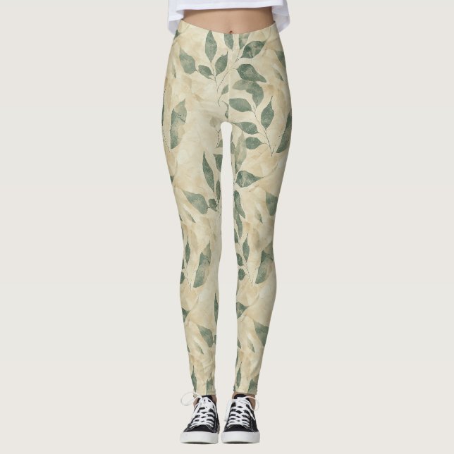 Rustic Vintage Green Leaves on Cream Fall Leggings (Front)