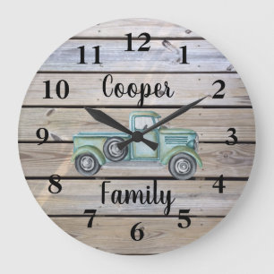 Rustic Vintage Green Truck Wood Plank Family Name Large Clock