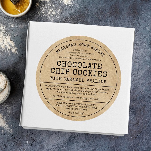 Rustic Vintage Home Bakery Cottage Law Food Label (Rustic brown paper effect round bakery cottage law labels with vintage fonts)