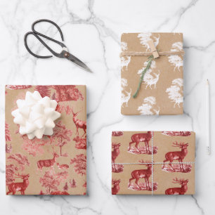 Rustic Vintage Kraft Paper Red Toile Deer