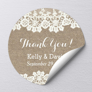 Rustic Vintage Lace & Burlap Wedding Favour Classic Round Sticker