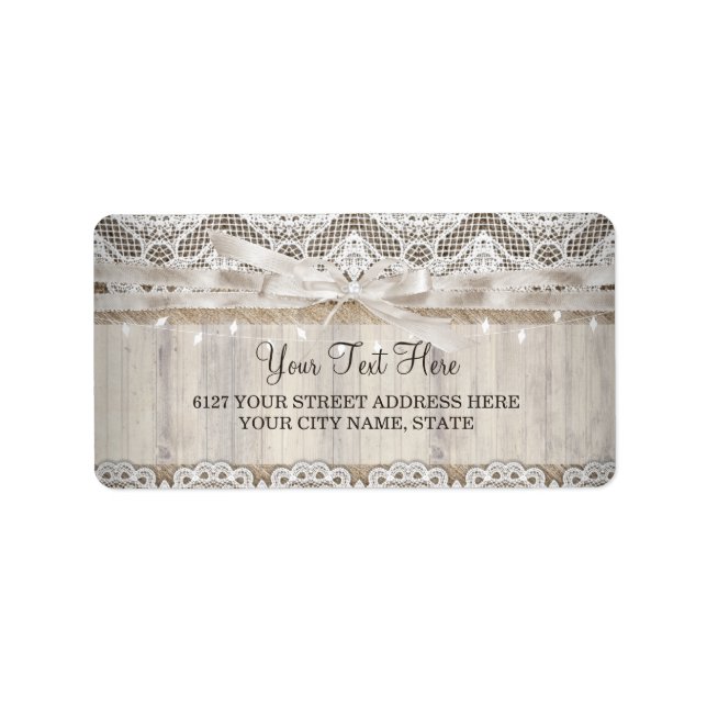 Rustic Vintage Lace Wood Wedding Lights Label (Front)