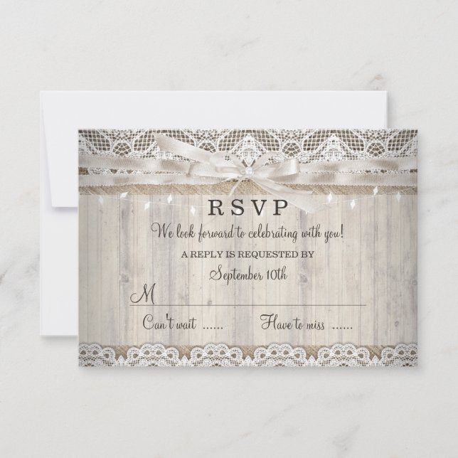 Rustic Vintage Lace Wood Wedding Lights RSVP Card (Front)