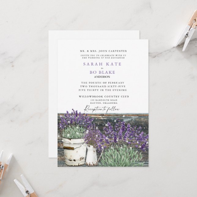 Rustic Vintage Lavender Wood Lights Wedding Invitation (Front/Back In Situ)