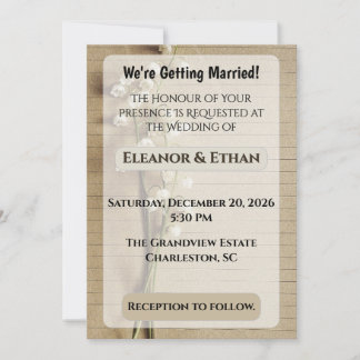 Rustic Vintage Lined Paper Lily of the Valley Wedd Invitation