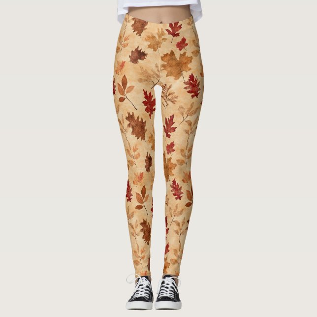 Rustic Vintage Maple Leaves Red Brown Fall Leggings (Front)