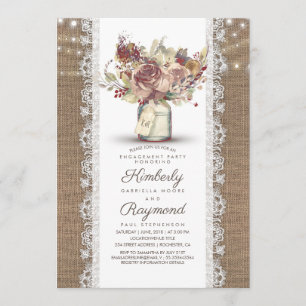 Rustic Vintage Mason Jar   Burlap Engagement Party Invitation