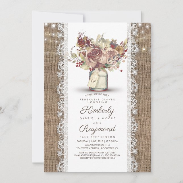 Rustic Vintage Mason Jar | Burlap Rehearsal Dinner Invitation (Front)