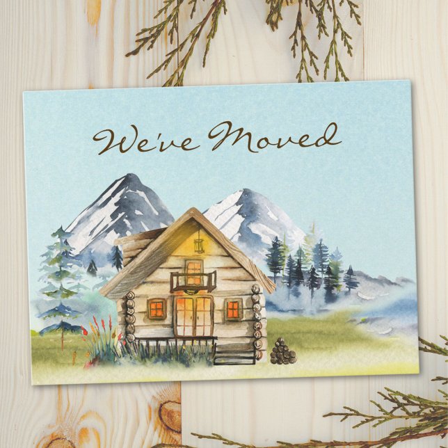 Rustic Vintage Mountain Cabin Lodge We Moved Postcard (Close up)