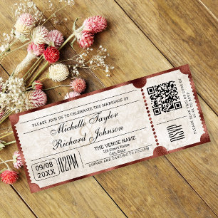 Rustic Vintage Movie Ticket with RSVP QR Code Invitation