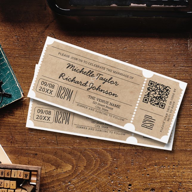 Rustic Vintage Movie Ticket with RSVP QR Code Invitation (Creator Uploaded)