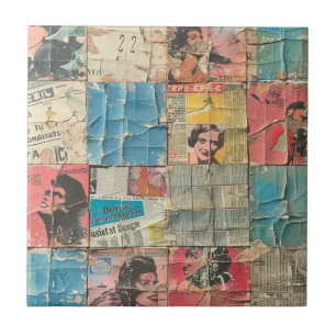 Rustic Vintage Newspaper Patchwork Collage (10) Ceramic Tile
