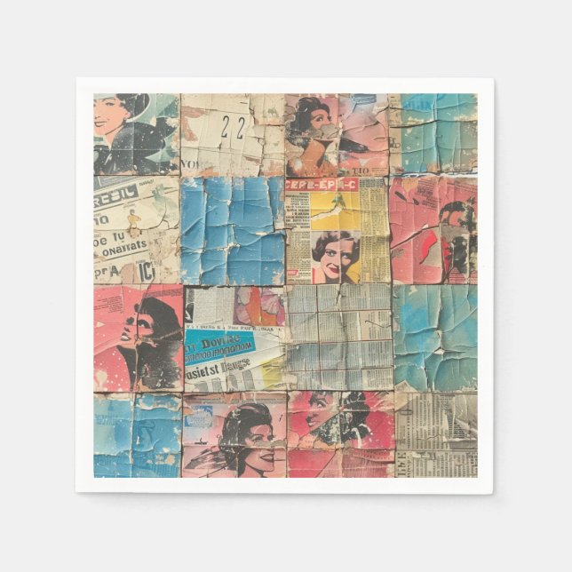 Rustic Vintage Newspaper Patchwork Collage (10) Napkin (Front)