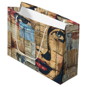 Rustic Vintage Newspaper Patchwork Collage (11) Large Gift Bag