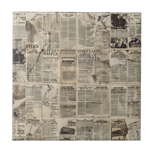 Rustic Vintage Newspaper Patchwork Collage (2) Ceramic Tile