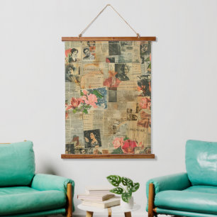 Rustic Vintage Newspaper Patchwork Collage (2) Hanging Tapestry