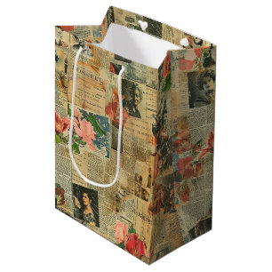 Rustic Vintage Newspaper Patchwork Collage (2) Medium Gift Bag
