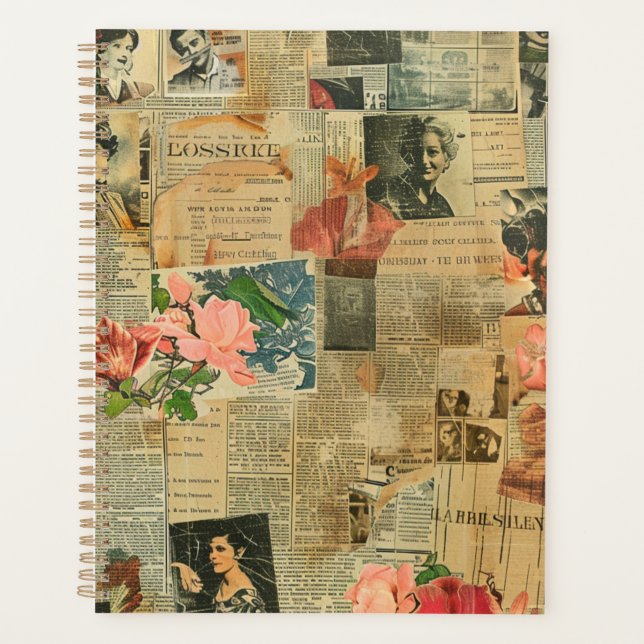 Rustic Vintage Newspaper Patchwork Collage (2) Planner (Front)