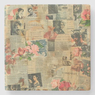 Rustic Vintage Newspaper Patchwork Collage (2) Stone Coaster