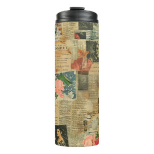Rustic Vintage Newspaper Patchwork Collage (2) Thermal Tumbler