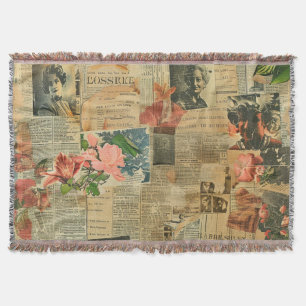Rustic Vintage Newspaper Patchwork Collage (2) Throw Blanket