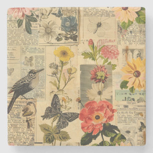 Rustic Vintage Newspaper Patchwork Collage (3) Stone Coaster