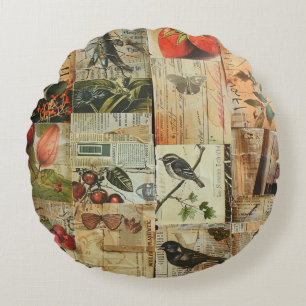 Rustic Vintage Newspaper Patchwork Collage (4) Round Cushion