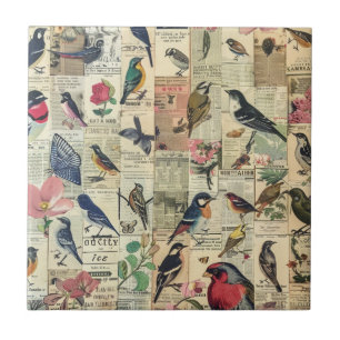 Rustic Vintage Newspaper Patchwork Collage (5) Ceramic Tile