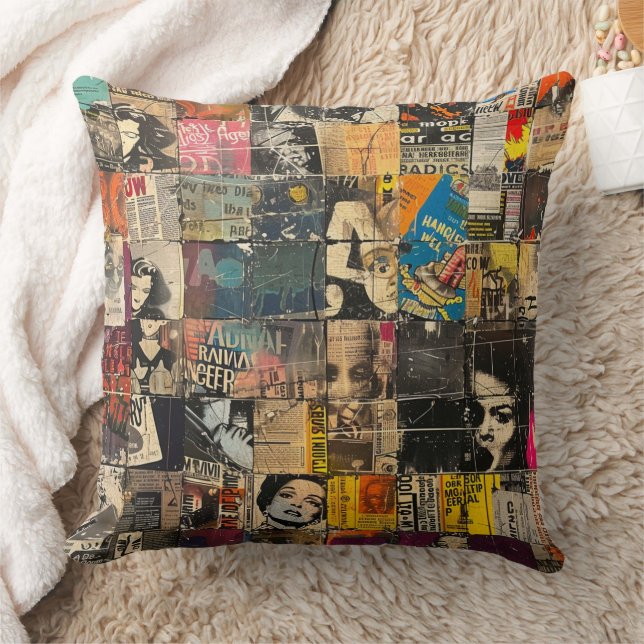 Rustic Vintage Newspaper Patchwork Collage (7) Cushion (Blanket)