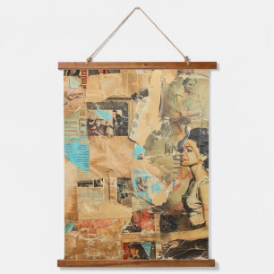 Rustic Vintage Newspaper Patchwork Collage (8) Hanging Tapestry