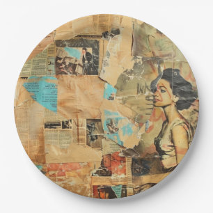 Rustic Vintage Newspaper Patchwork Collage (8) Paper Plate