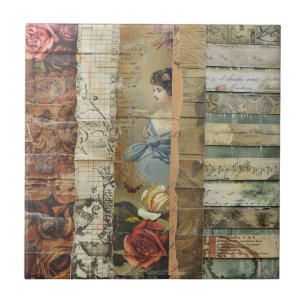 Rustic Vintage Newspaper Patchwork Collage (9) Ceramic Tile
