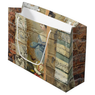Rustic Vintage Newspaper Patchwork Collage (9) Large Gift Bag