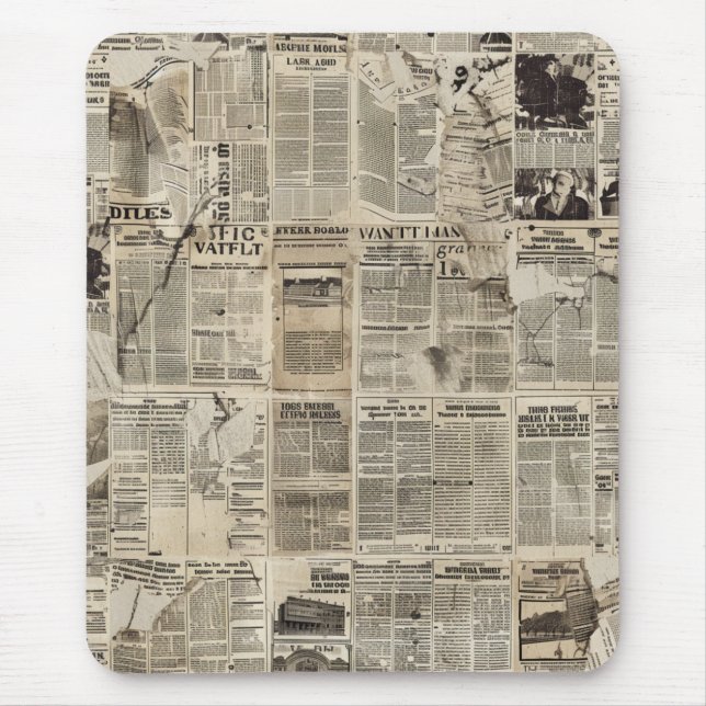 Rustic Vintage Newspaper Patchwork Collage Mouse Pad (Front)