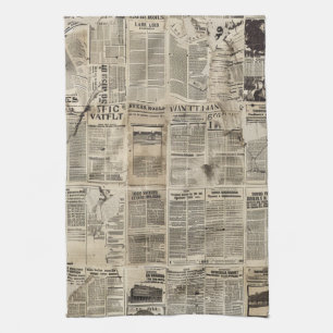 Rustic Vintage Newspaper Patchwork Collage Tea Towel