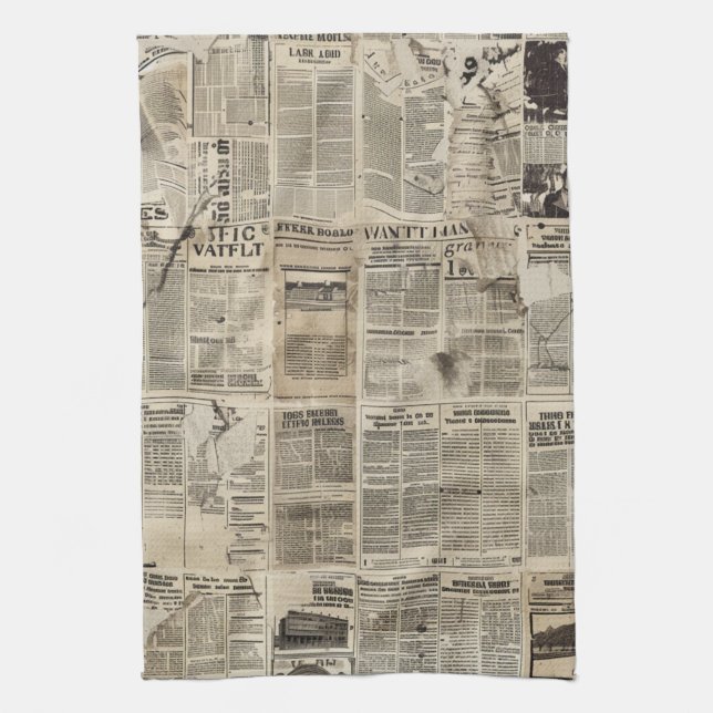 Rustic Vintage Newspaper Patchwork Collage Tea Towel (Vertical)