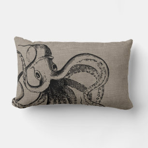 Rustic Vintage Octopus Illustration Lumbar Cushion