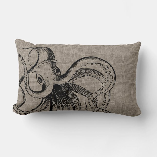 Rustic Vintage Octopus Illustration Lumbar Cushion (Front)
